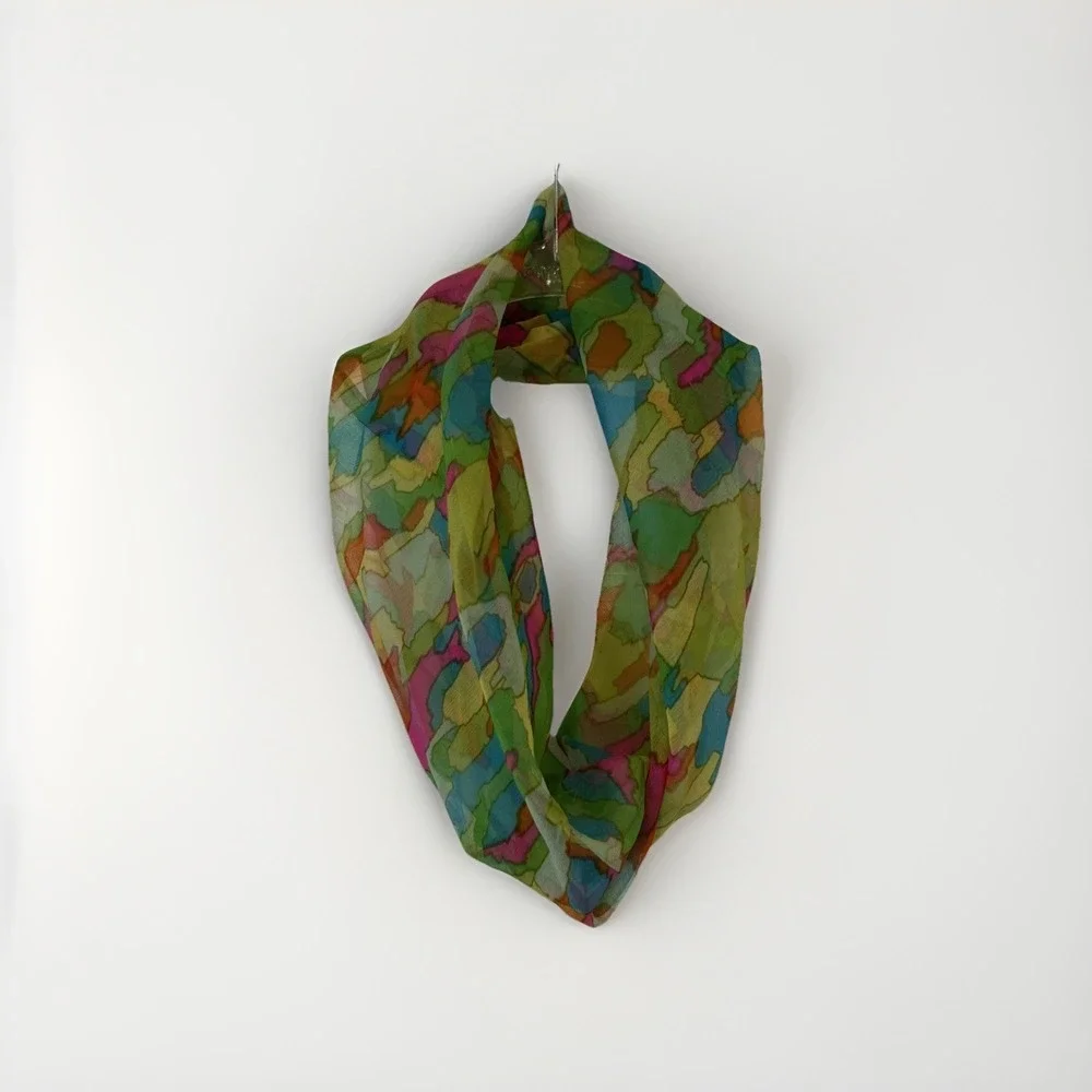 Vtg Glentey Silk Infinity Scarf Womens Green Watercolor Abstract Sheer